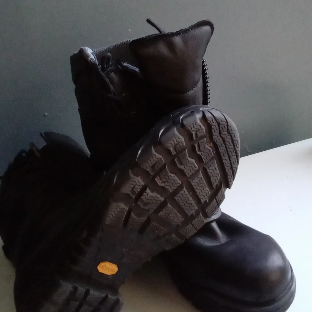 Black Leather Combat Boots Side Zip Lace Up Chunky Sole Work Military Style Mens